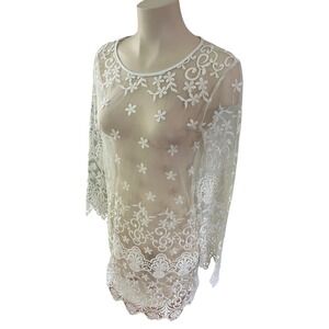 Gaia & Dubos White Sheer Mesh Floral Embroidered Lace Mini Dress Long Sleeve 6